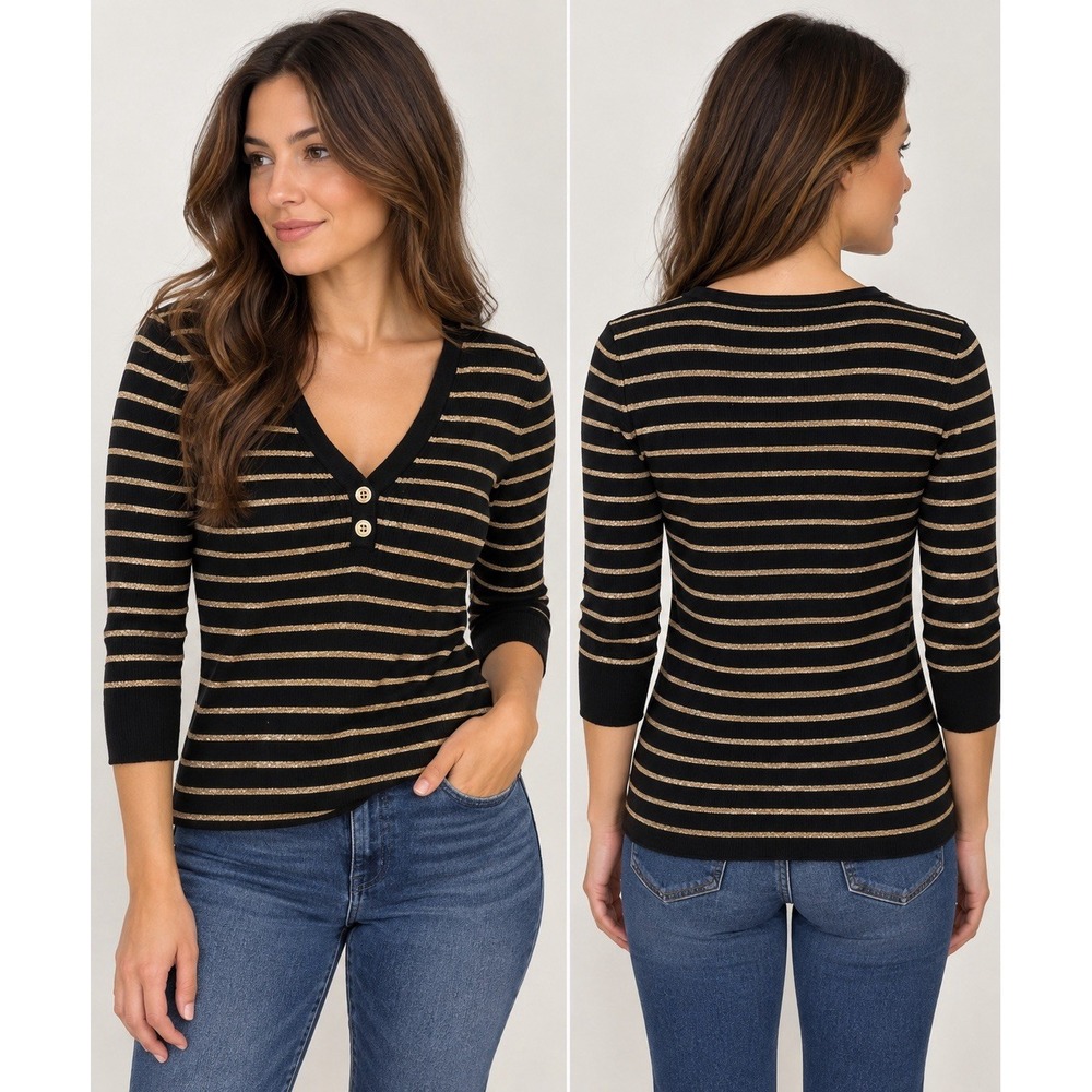 Lauren Ralph Lauren Petite Black Gold Metallic Striped Henley Sweater Top PS